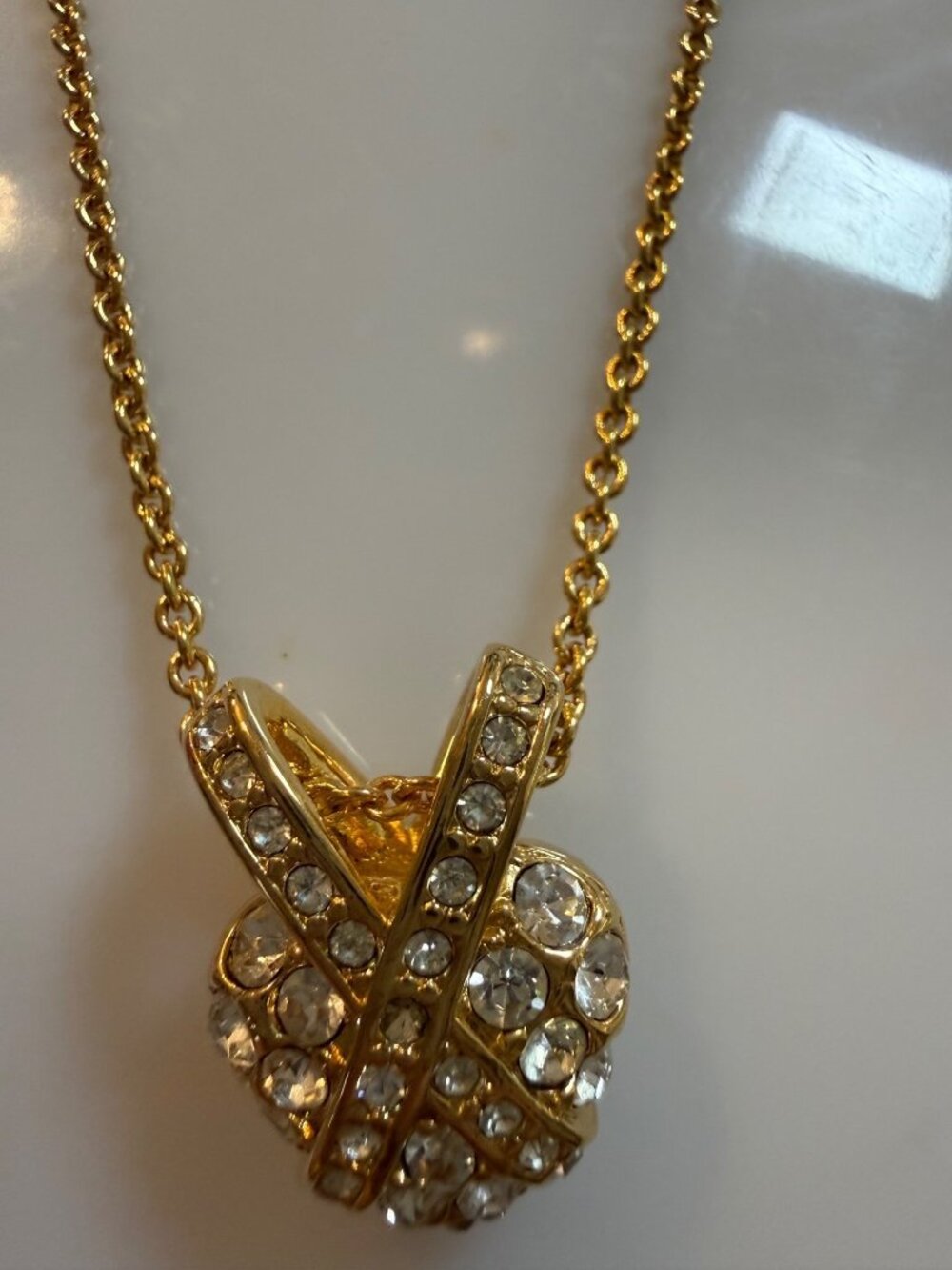 Vintage Nolan Miller Heart Slide Pendant Necklace 24" Gold Tone Signed Crystal